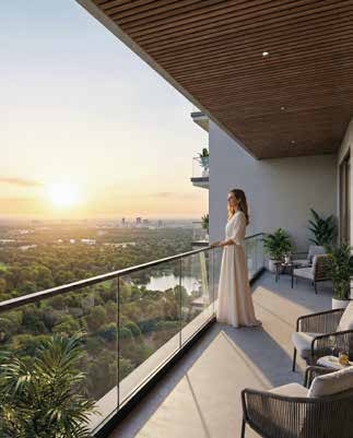 Balcony overlooking landscaped surroundings, architectural rendering