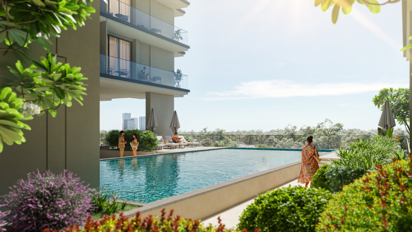 Pool and residential building at Nirvana Residences I